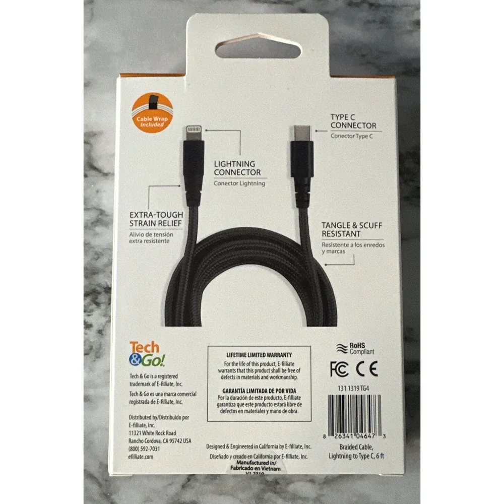 Tech & Go 6ft USB Braided Charge Cable for iPhone iPad L to Type C - NEW - Black